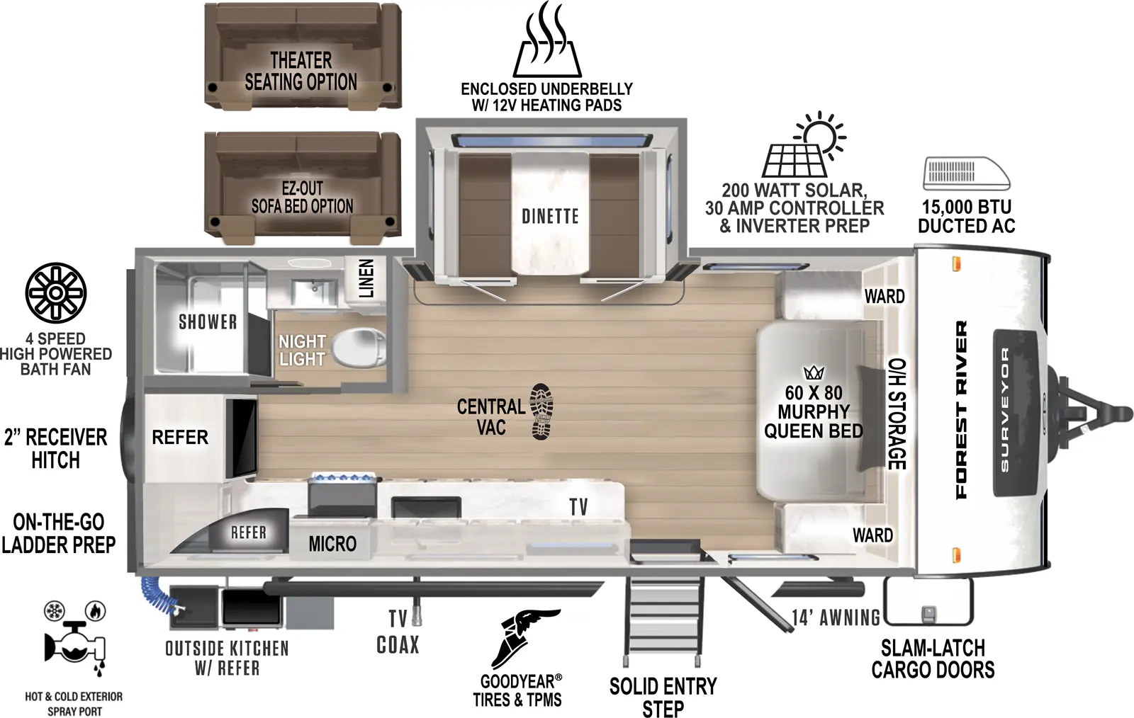 The Surveyor Legend 203RKLE has one entry and one slide out. Exterior features include: fiberglass exterior, 14' awning and outside kitchen. Interiors features include: murphy bed.